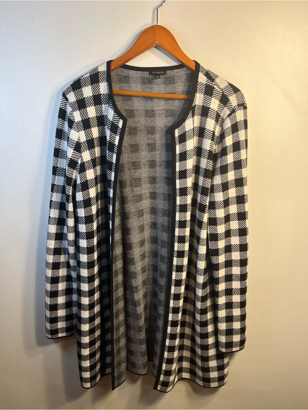 Talbots Black and White Plaid Open-Front Long Cardigan Large